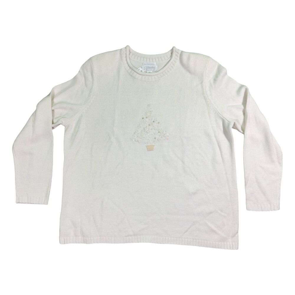CJ Banks Sweater Women's 2X Ivory Hand Embroidered Beaded Sequin Pullover Retro